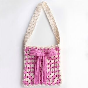 Handmade Crochet Pink and Cream Bow Shoulder Bag